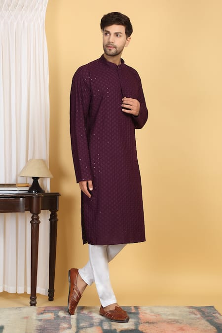 Aham-Vayam_Purple Cotton Sequins, Embroidery Blossom Jaal Thread Kurta With Pant _Online_at_Aza_Fashions