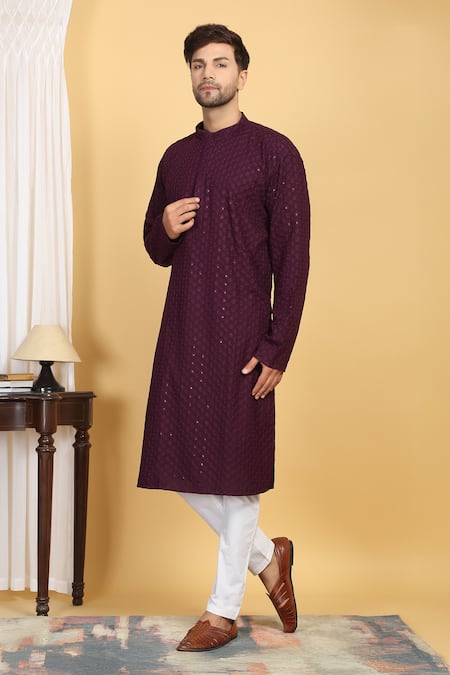 Buy_Aham-Vayam_Purple Cotton Sequins, Embroidery Blossom Jaal Thread Kurta With Pant _Online_at_Aza_Fashions