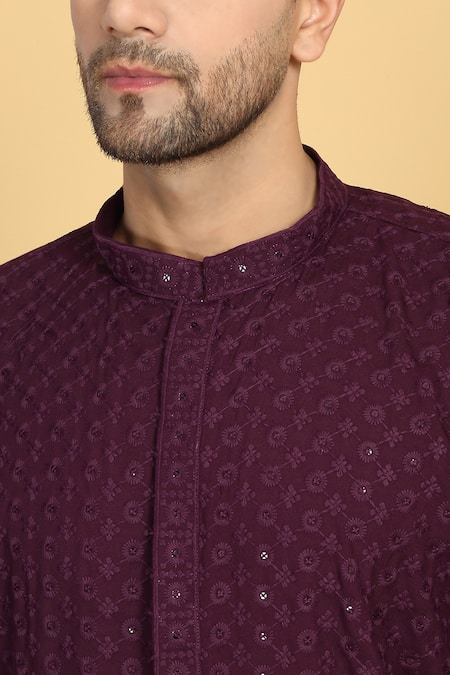 Shop_Aham-Vayam_Purple Cotton Sequins, Embroidery Blossom Jaal Thread Kurta With Pant _Online_at_Aza_Fashions