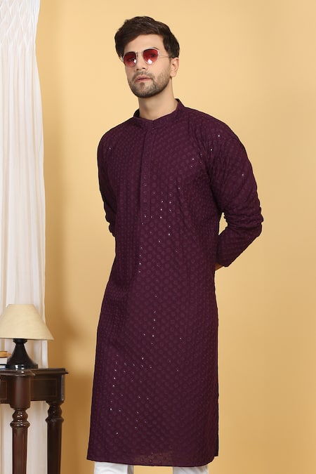 Aham-Vayam_Purple Cotton Sequins, Embroidery Blossom Jaal Thread Kurta With Pant _at_Aza_Fashions