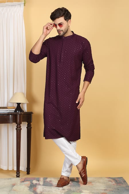 Buy_Aham-Vayam_Purple Cotton Sequins, Embroidery Blossom Jaal Thread Kurta With Pant 
