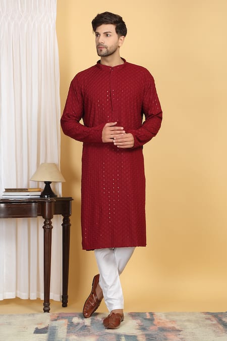 Aham-Vayam_Red Cotton Sequins, Embroidery Floral Jaal Thread Kurta With Pant _Online_at_Aza_Fashions