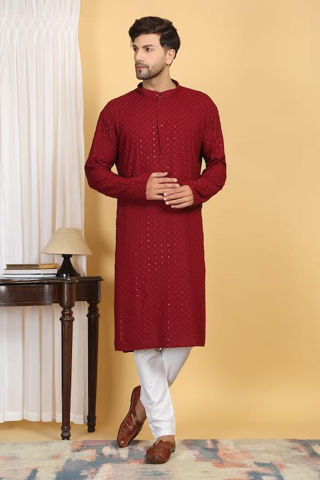Buy_Aham-Vayam_Red Cotton Sequins, Embroidery Floral Jaal Thread Kurta With Pant _Online_at_Aza_Fashions