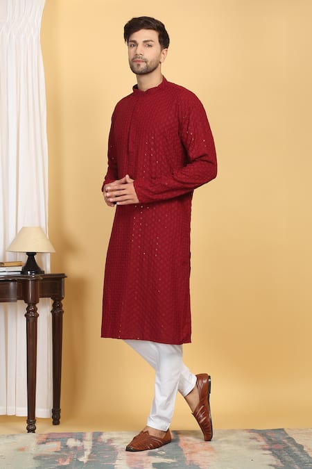 Shop_Aham-Vayam_Red Cotton Sequins, Embroidery Floral Jaal Thread Kurta With Pant _Online_at_Aza_Fashions