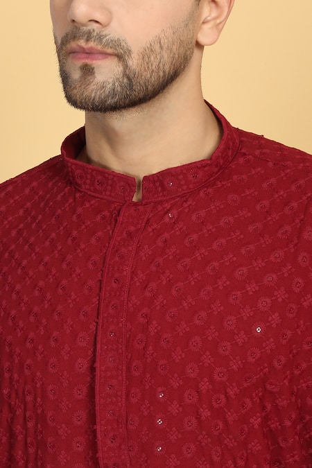 Aham-Vayam_Red Cotton Sequins, Embroidery Floral Jaal Thread Kurta With Pant _at_Aza_Fashions