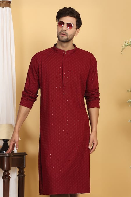 Buy_Aham-Vayam_Red Cotton Sequins, Embroidery Floral Jaal Thread Kurta With Pant 