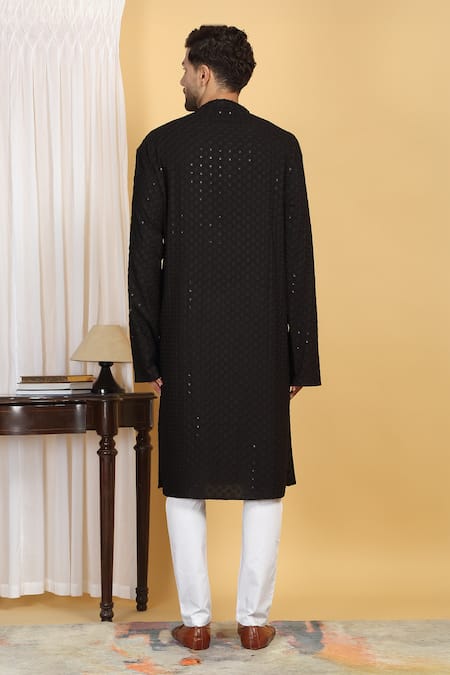 Shop_Aham-Vayam_Black Cotton Sequins, Embroidery Flora Jaal Thread Kurta With Pant _at_Aza_Fashions