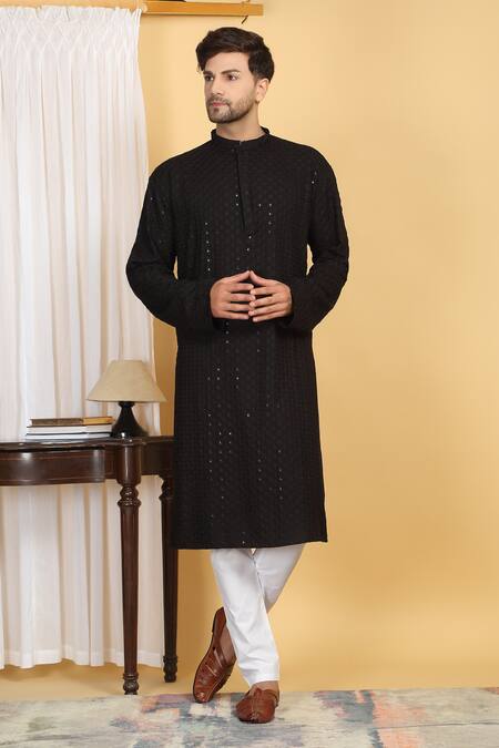 Aham-Vayam_Black Cotton Sequins, Embroidery Flora Jaal Thread Kurta With Pant _Online_at_Aza_Fashions