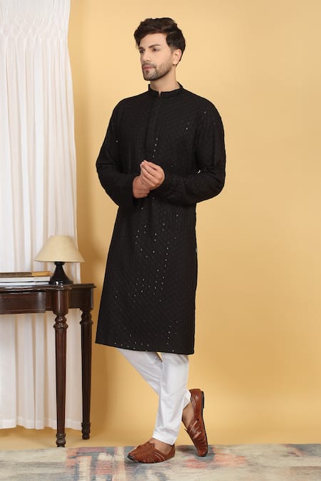 Buy_Aham-Vayam_Black Cotton Sequins, Embroidery Flora Jaal Thread Kurta With Pant _Online_at_Aza_Fashions