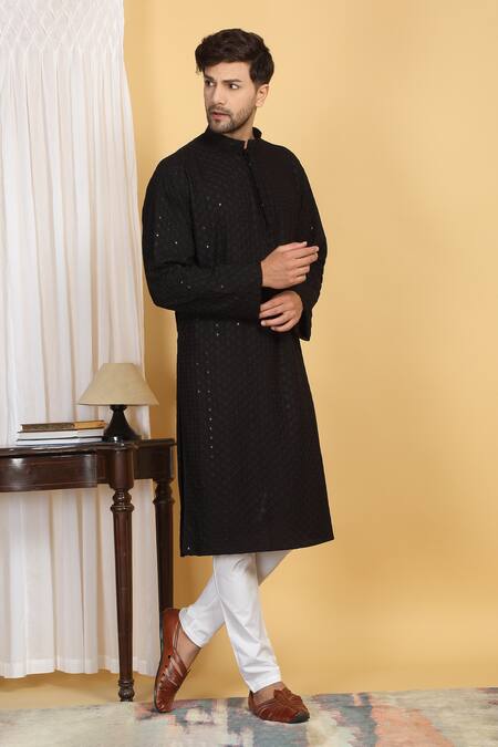 Shop_Aham-Vayam_Black Cotton Sequins, Embroidery Flora Jaal Thread Kurta With Pant _Online_at_Aza_Fashions