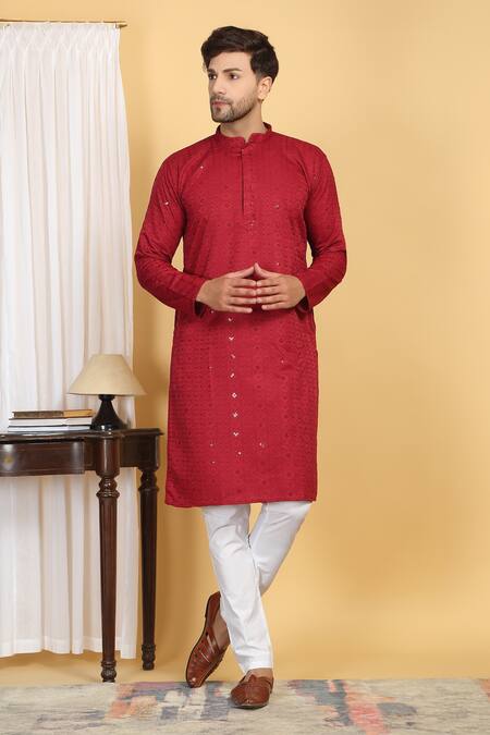 Aham-Vayam Red Cotton Sequins, Embroidery Diamond Vine Thread Kurta With Pant Online at Aza Fashions Aham-Vayam_Red Cotton Sequins, Embroidery Diamond Vine Thread Kurta With Pant _Online_at_Aza_Fashions