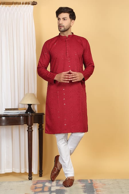 Buy Aham-Vayam Red Cotton Sequins, Embroidery Diamond Vine Thread Kurta With Pant Online at Aza Fashions Buy_Aham-Vayam_Red Cotton Sequins, Embroidery Diamond Vine Thread Kurta With Pant _Online_at_Aza_Fashions