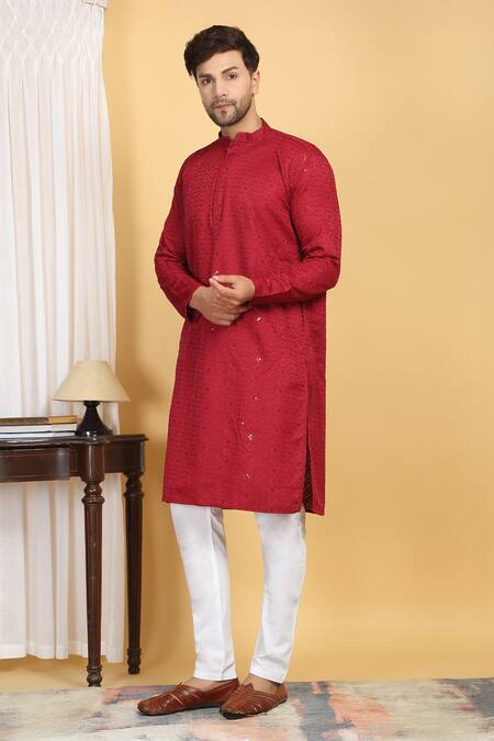 Shop Aham-Vayam Red Cotton Sequins, Embroidery Diamond Vine Thread Kurta With Pant Online at Aza Fashions Shop_Aham-Vayam_Red Cotton Sequins, Embroidery Diamond Vine Thread Kurta With Pant _Online_at_Aza_Fashions