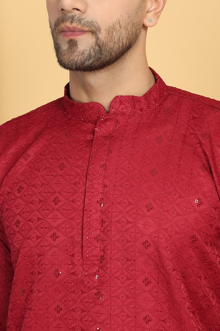 Aham-Vayam Red Cotton Sequins, Embroidery Diamond Vine Thread Kurta With Pant at Aza Fashions Aham-Vayam_Red Cotton Sequins, Embroidery Diamond Vine Thread Kurta With Pant _at_Aza_Fashions
