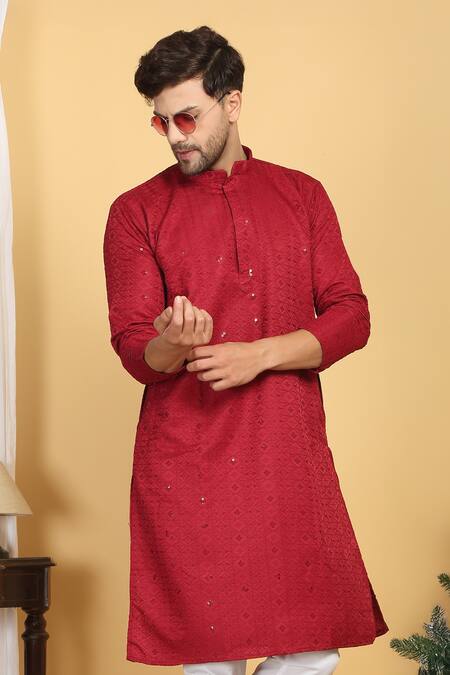 Buy Aham-Vayam Red Cotton Sequins, Embroidery Diamond Vine Thread Kurta With Pant Buy_Aham-Vayam_Red Cotton Sequins, Embroidery Diamond Vine Thread Kurta With Pant