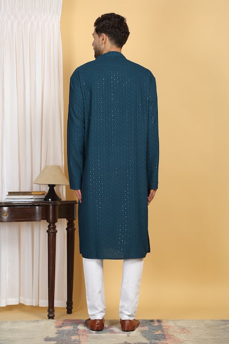 Shop Aham-Vayam Blue Cotton Sequins Heera Vine Thread Embroidered Kurta With Pant at Aza Fashions Shop_Aham-Vayam_Blue Cotton Sequins Heera Vine Thread Embroidered Kurta With Pant _at_Aza_Fashions