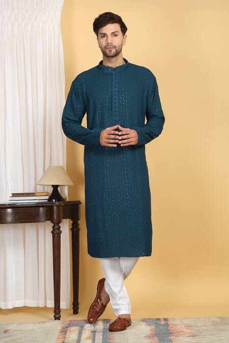 Aham-Vayam Blue Cotton Sequins Heera Vine Thread Embroidered Kurta With Pant Online at Aza Fashions Aham-Vayam_Blue Cotton Sequins Heera Vine Thread Embroidered Kurta With Pant _Online_at_Aza_Fashions