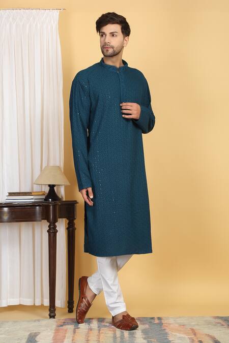 Buy Aham-Vayam Blue Cotton Sequins Heera Vine Thread Embroidered Kurta With Pant Online at Aza Fashions Buy_Aham-Vayam_Blue Cotton Sequins Heera Vine Thread Embroidered Kurta With Pant _Online_at_Aza_Fashions