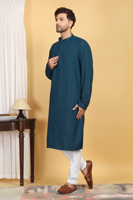 Shop Aham-Vayam Blue Cotton Sequins Heera Vine Thread Embroidered Kurta With Pant Online at Aza Fashions Shop_Aham-Vayam_Blue Cotton Sequins Heera Vine Thread Embroidered Kurta With Pant _Online_at_Aza_Fashions