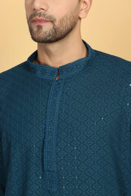 Aham-Vayam Blue Cotton Sequins Heera Vine Thread Embroidered Kurta With Pant at Aza Fashions Aham-Vayam_Blue Cotton Sequins Heera Vine Thread Embroidered Kurta With Pant _at_Aza_Fashions