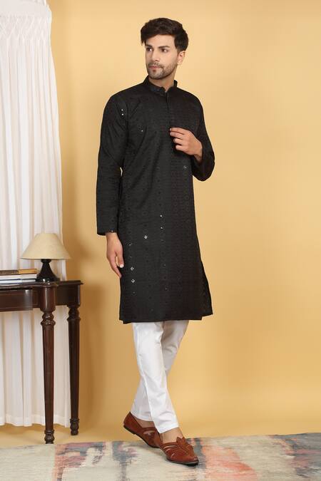 Buy Aham-Vayam Black Cotton Sequins Heera Bloom Vine Thread Embroidered Kurta With Pant Online at Aza Fashions Buy_Aham-Vayam_Black Cotton Sequins Heera Bloom Vine Thread Embroidered Kurta With Pant _Online_at_Aza_Fashions