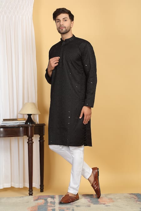 Shop Aham-Vayam Black Cotton Sequins Heera Bloom Vine Thread Embroidered Kurta With Pant Online at Aza Fashions Shop_Aham-Vayam_Black Cotton Sequins Heera Bloom Vine Thread Embroidered Kurta With Pant _Online_at_Aza_Fashions