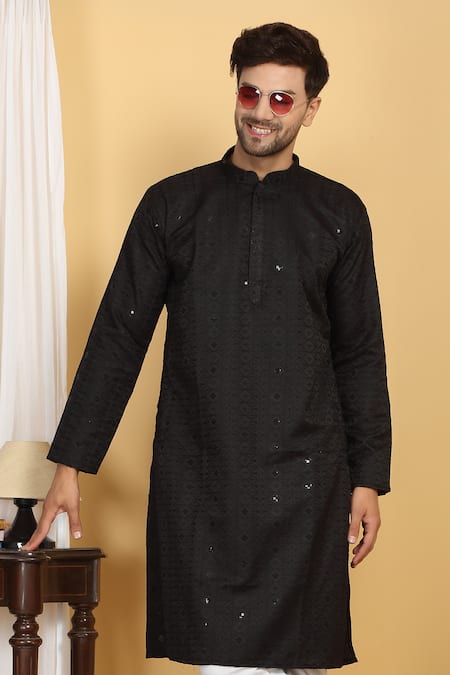 Buy Aham-Vayam Black Cotton Sequins Heera Bloom Vine Thread Embroidered Kurta With Pant Buy_Aham-Vayam_Black Cotton Sequins Heera Bloom Vine Thread Embroidered Kurta With Pant