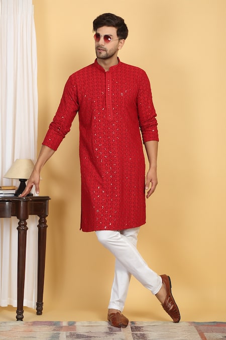 Aham-Vayam Red Cotton Embroidery Thread Nav Harsh Diamond Vine Kurta With Pant 