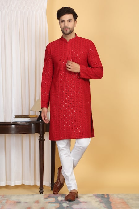 Aham-Vayam_Red Cotton Sequins, Embroidery Nav Harsh Diamond Vine Kurta With Pant _Online_at_Aza_Fashions