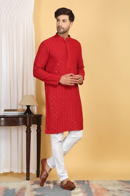 Buy_Aham-Vayam_Red Cotton Sequins, Embroidery Nav Harsh Diamond Vine Kurta With Pant _Online_at_Aza_Fashions