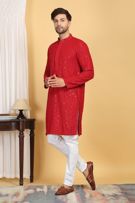 Shop_Aham-Vayam_Red Cotton Sequins, Embroidery Nav Harsh Diamond Vine Kurta With Pant _Online_at_Aza_Fashions