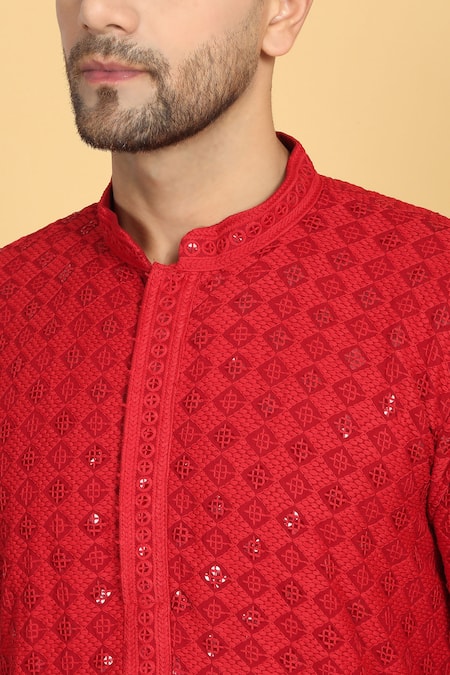 Aham-Vayam_Red Cotton Sequins, Embroidery Nav Harsh Diamond Vine Kurta With Pant _at_Aza_Fashions