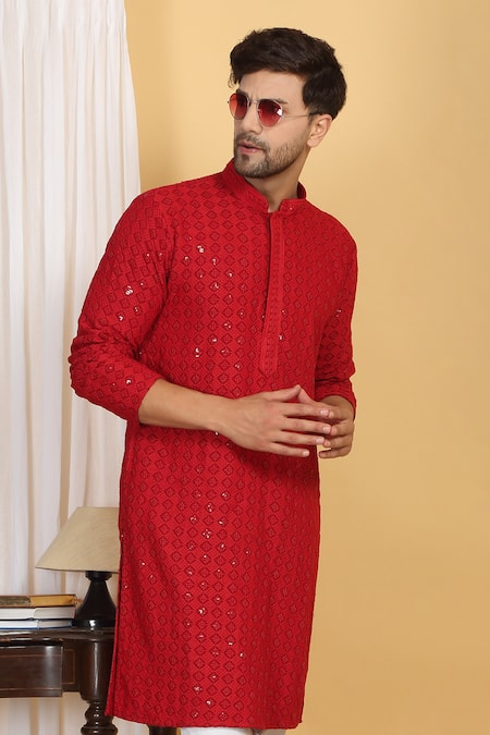 Buy_Aham-Vayam_Red Cotton Sequins, Embroidery Nav Harsh Diamond Vine Kurta With Pant 