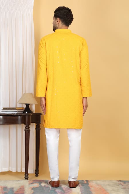 Shop Aham-Vayam Yellow Cotton Sequins, Embroidery Navyam Phool Jaal Thread Kurta With Pant at Aza Fashions Shop_Aham-Vayam_Yellow Cotton Sequins, Embroidery Navyam Phool Jaal Thread Kurta With Pant _at_Aza_Fashions