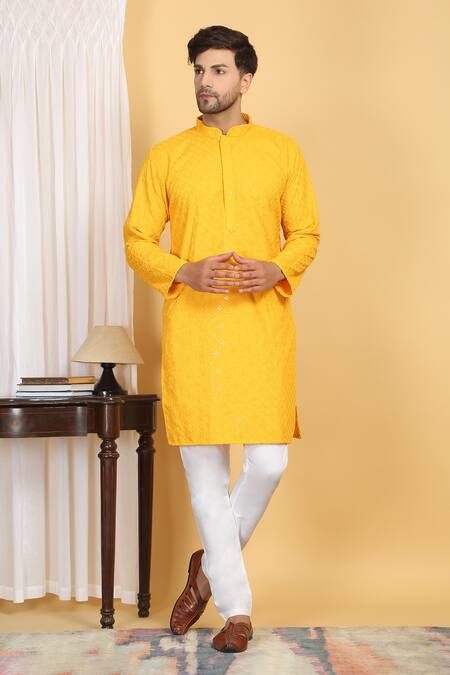 Aham-Vayam Yellow Cotton Sequins, Embroidery Navyam Phool Jaal Thread Kurta With Pant Online at Aza Fashions Aham-Vayam_Yellow Cotton Sequins, Embroidery Navyam Phool Jaal Thread Kurta With Pant _Online_at_Aza_Fashions