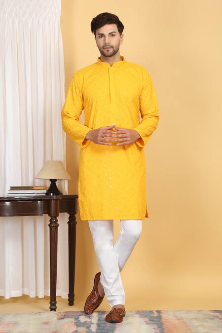 Buy Aham-Vayam Yellow Cotton Sequins, Embroidery Navyam Phool Jaal Thread Kurta With Pant Online at Aza Fashions Buy_Aham-Vayam_Yellow Cotton Sequins, Embroidery Navyam Phool Jaal Thread Kurta With Pant _Online_at_Aza_Fashions