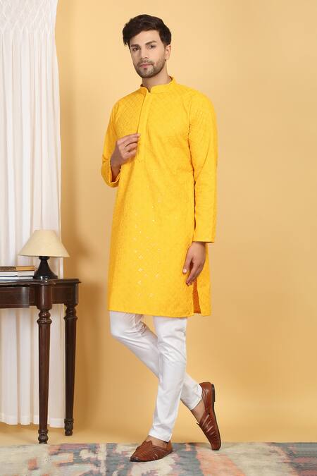 Shop Aham-Vayam Yellow Cotton Sequins, Embroidery Navyam Phool Jaal Thread Kurta With Pant Online at Aza Fashions Shop_Aham-Vayam_Yellow Cotton Sequins, Embroidery Navyam Phool Jaal Thread Kurta With Pant _Online_at_Aza_Fashions