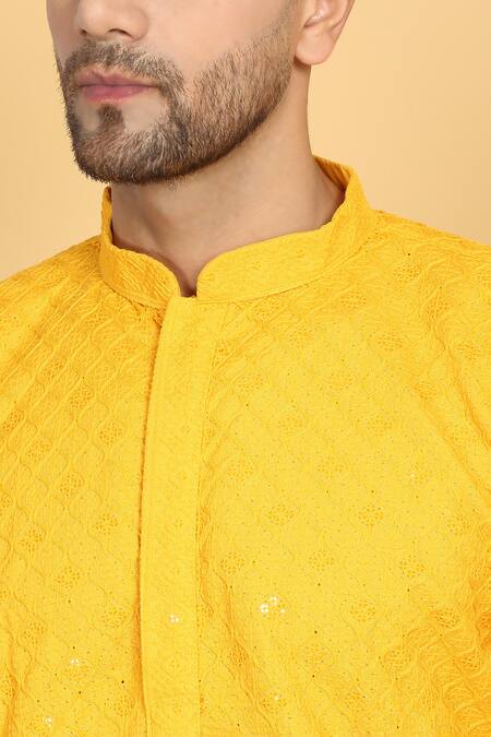 Aham-Vayam Yellow Cotton Sequins, Embroidery Navyam Phool Jaal Thread Kurta With Pant at Aza Fashions Aham-Vayam_Yellow Cotton Sequins, Embroidery Navyam Phool Jaal Thread Kurta With Pant _at_Aza_Fashions