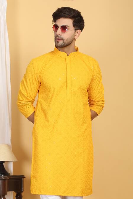Buy Aham-Vayam Yellow Cotton Sequins, Embroidery Navyam Phool Jaal Thread Kurta With Pant Buy_Aham-Vayam_Yellow Cotton Sequins, Embroidery Navyam Phool Jaal Thread Kurta With Pant