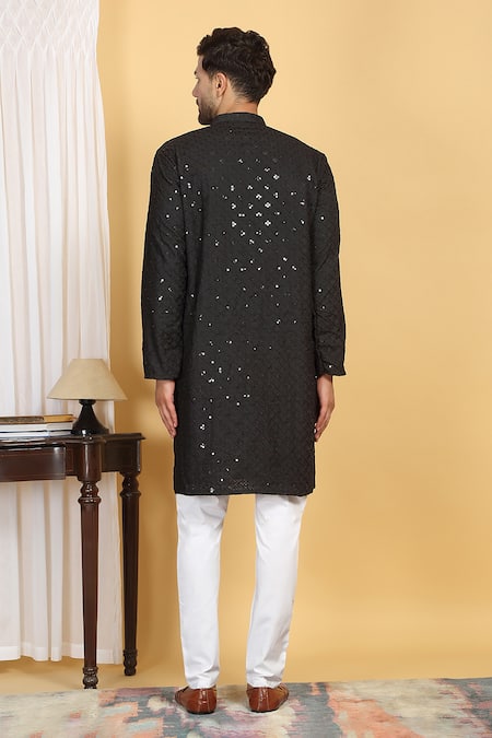 Shop_Aham-Vayam_Black Cotton Embroidery, Navyam Floral Mahal Jaal Thread Kurta With Pant _at_Aza_Fashions