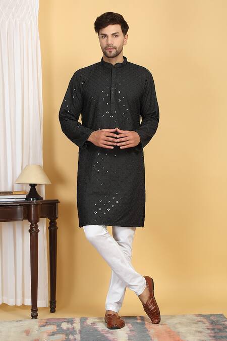 Aham-Vayam_Black Cotton Embroidery, Navyam Floral Mahal Jaal Thread Kurta With Pant _Online_at_Aza_Fashions