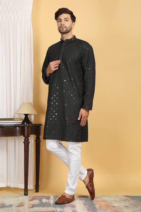 Shop_Aham-Vayam_Black Cotton Embroidery, Navyam Floral Mahal Jaal Thread Kurta With Pant _Online_at_Aza_Fashions