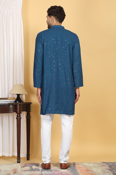 Shop Aham-Vayam Blue Cotton Sequins, Embroidery Navyam Bloom Mahal Jaal Thread Kurta With Pant at Aza Fashions Shop_Aham-Vayam_Blue Cotton Sequins, Embroidery Navyam Bloom Mahal Jaal Thread Kurta With Pant _at_Aza_Fashions