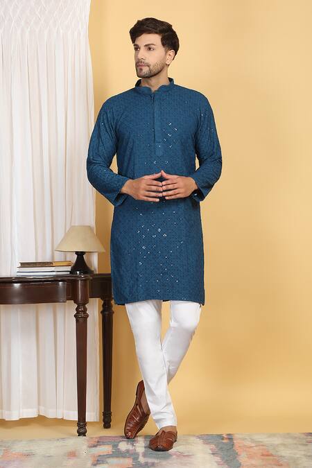Aham-Vayam Blue Cotton Sequins, Embroidery Navyam Bloom Mahal Jaal Thread Kurta With Pant Online at Aza Fashions Aham-Vayam_Blue Cotton Sequins, Embroidery Navyam Bloom Mahal Jaal Thread Kurta With Pant _Online_at_Aza_Fashions