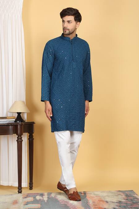 Buy Aham-Vayam Blue Cotton Sequins, Embroidery Navyam Bloom Mahal Jaal Thread Kurta With Pant Online at Aza Fashions Buy_Aham-Vayam_Blue Cotton Sequins, Embroidery Navyam Bloom Mahal Jaal Thread Kurta With Pant _Online_at_Aza_Fashions