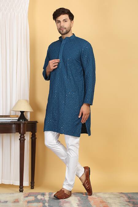 Shop Aham-Vayam Blue Cotton Sequins, Embroidery Navyam Bloom Mahal Jaal Thread Kurta With Pant Online at Aza Fashions Shop_Aham-Vayam_Blue Cotton Sequins, Embroidery Navyam Bloom Mahal Jaal Thread Kurta With Pant _Online_at_Aza_Fashions
