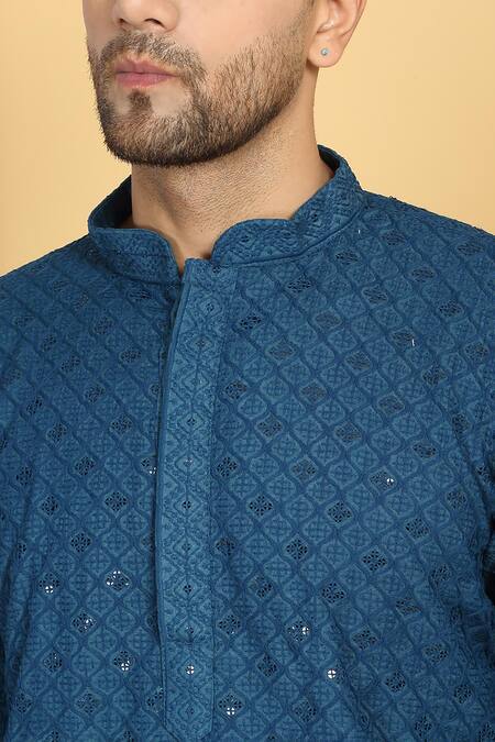 Aham-Vayam Blue Cotton Sequins, Embroidery Navyam Bloom Mahal Jaal Thread Kurta With Pant at Aza Fashions Aham-Vayam_Blue Cotton Sequins, Embroidery Navyam Bloom Mahal Jaal Thread Kurta With Pant _at_Aza_Fashions