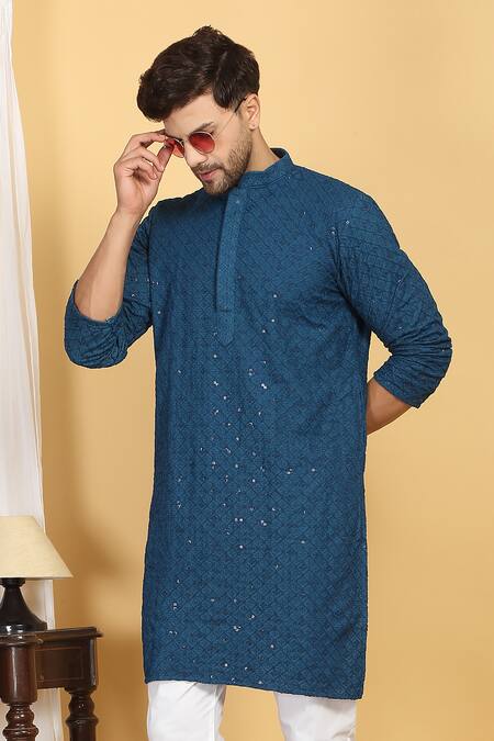 Buy Aham-Vayam Blue Cotton Sequins, Embroidery Navyam Bloom Mahal Jaal Thread Kurta With Pant Buy_Aham-Vayam_Blue Cotton Sequins, Embroidery Navyam Bloom Mahal Jaal Thread Kurta With Pant