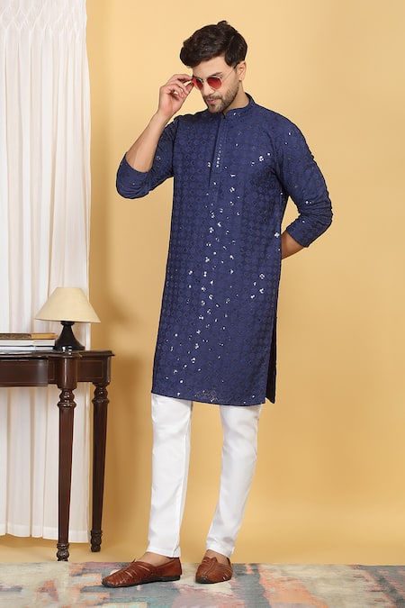 Aham-Vayam Blue Cotton Embroidery Thread Nav Harsh Quad Bloom Kurta With Pant 