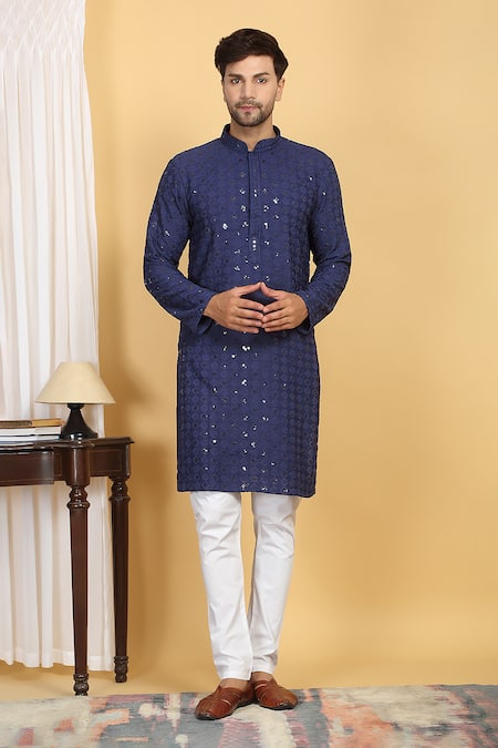 Aham-Vayam_Blue Cotton Sequins, Embroidery Nav Harsh Quad Bloom Thread Kurta With Pant _Online_at_Aza_Fashions